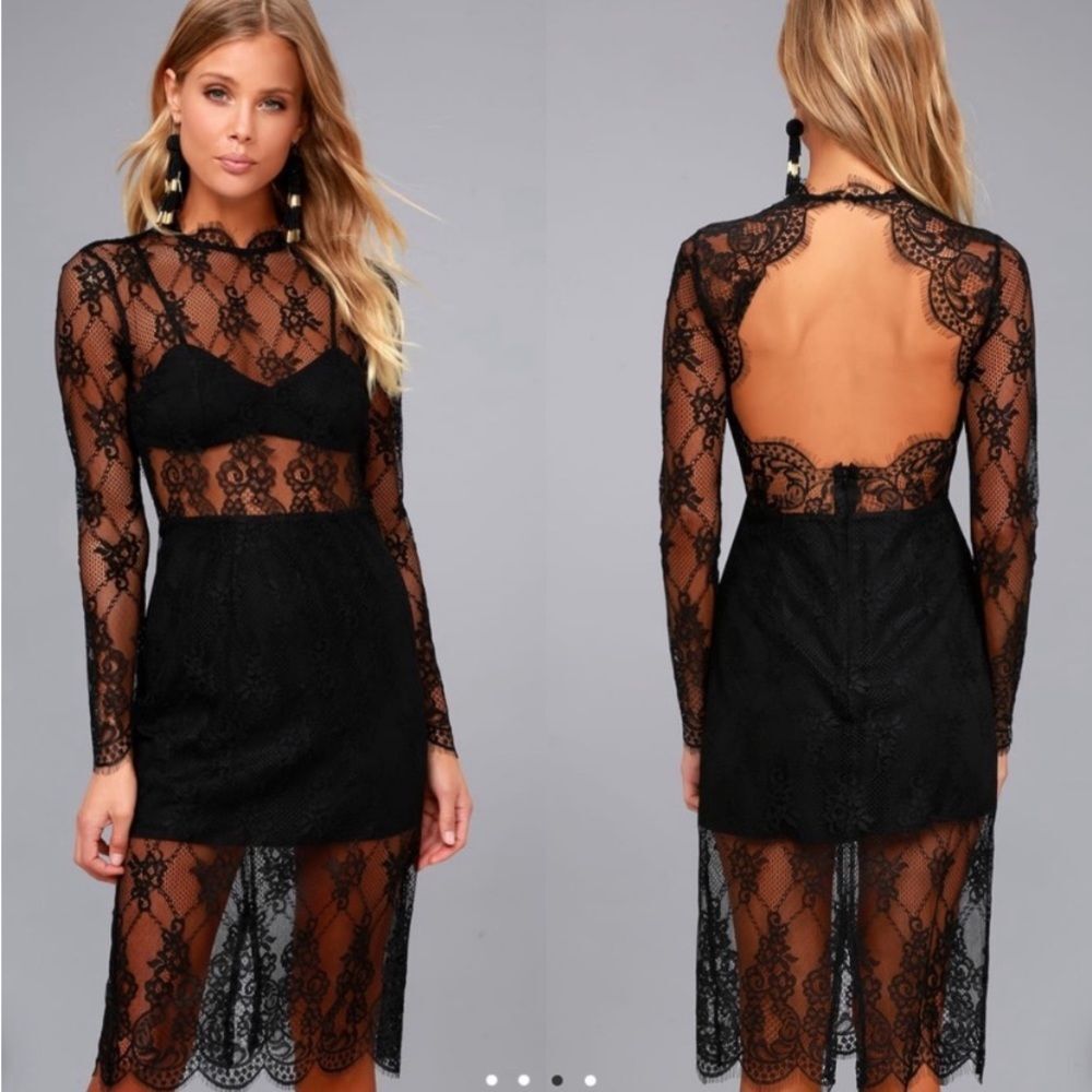 NBD Delilah Lace Long sleeve Sheer Overlay Mini‎ BodyCon Sheath Dress